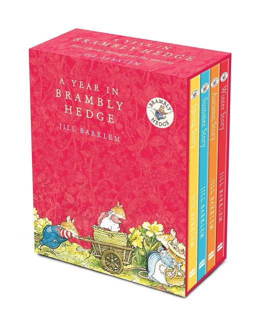 Box set of 'A Year in Brambly Hedge' books with a pink cover and illustrations.