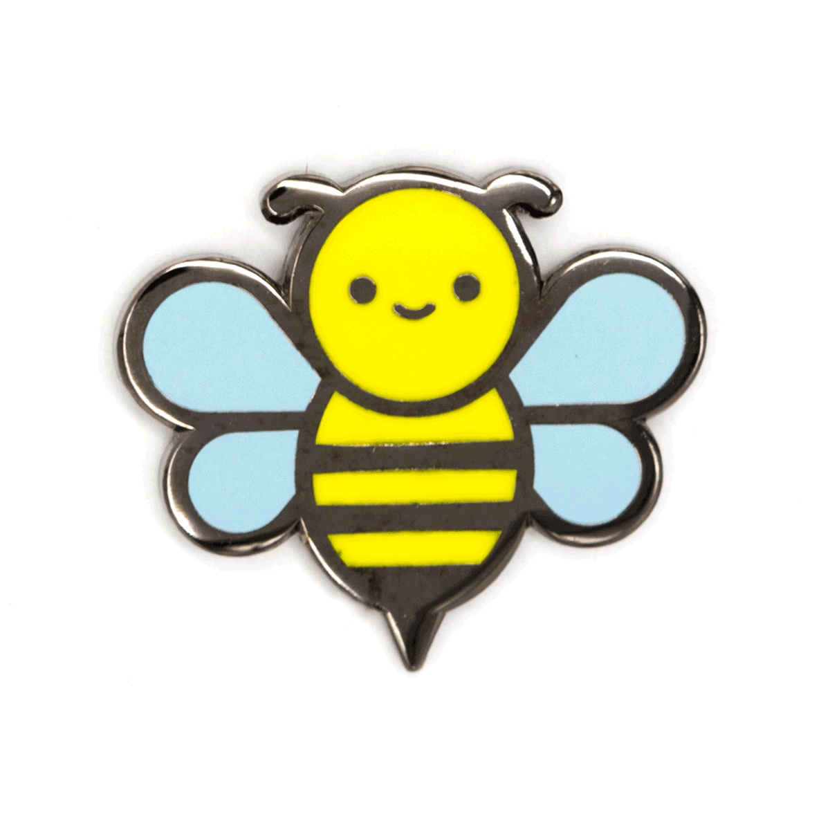 A cute cartoon bee enamel pin with a yellow face and striped body, light blue wings, and a silver metal border, shown on a plain white background.