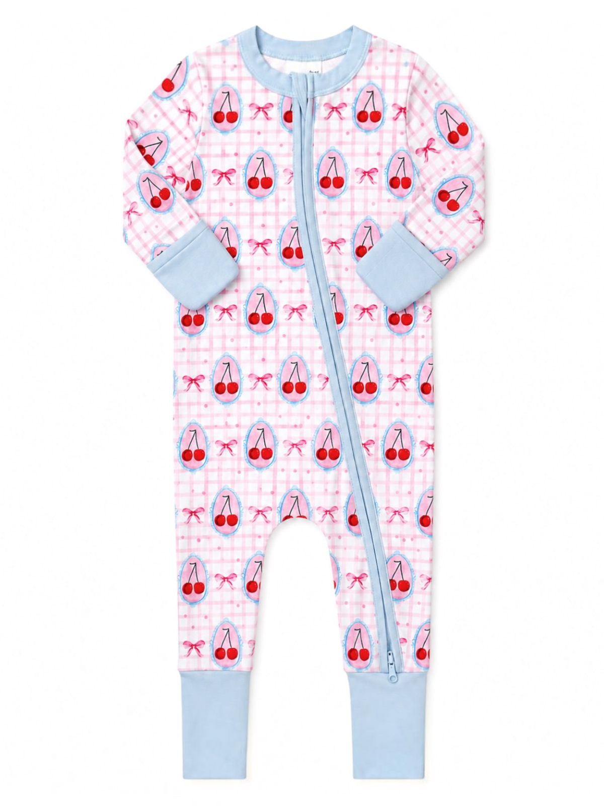 A baby long-sleeve footless one-piece jumpsuit with a light pink and white gingham pattern, decorated with red cherries and pink bows. The jumpsuit features light blue cuffs, collar, and zipper trim, and is photographed flat on a white background.