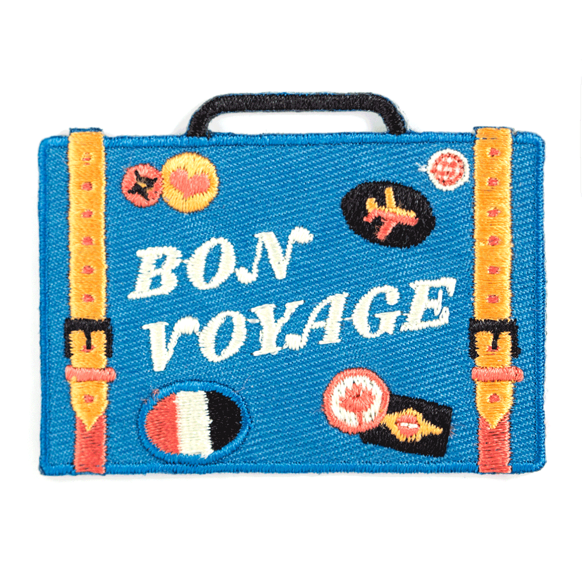 Blue suitcase-shaped pouch with 'Bon Voyage' text and colorful designs on a white background