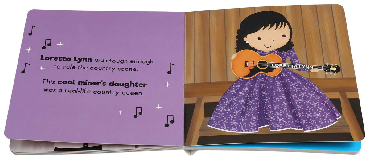 Children's book with a purple cover featuring a girl playing guitar on a wooden stage.