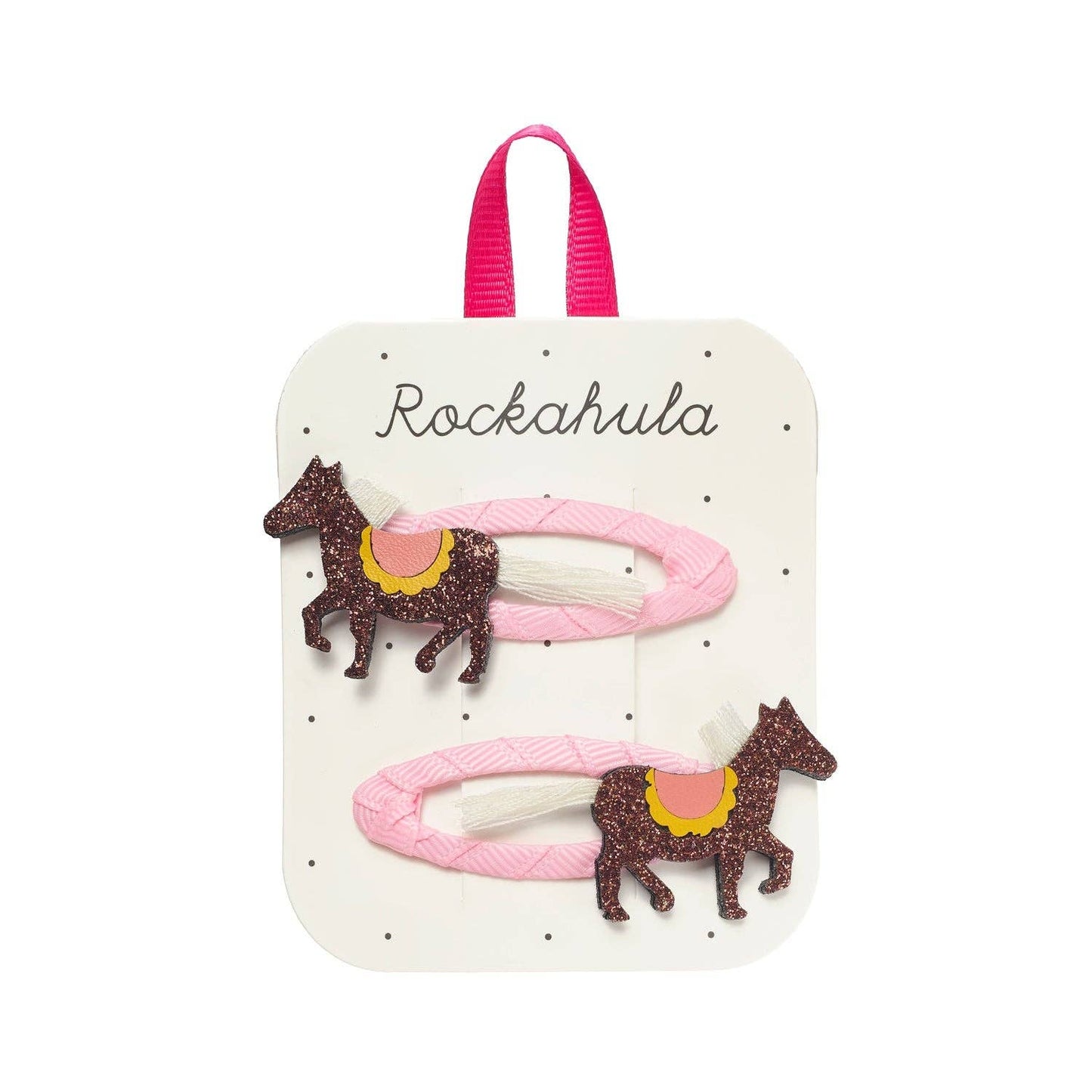 Set of horse-themed hair clips on a Rockahula branded card with pink handles.