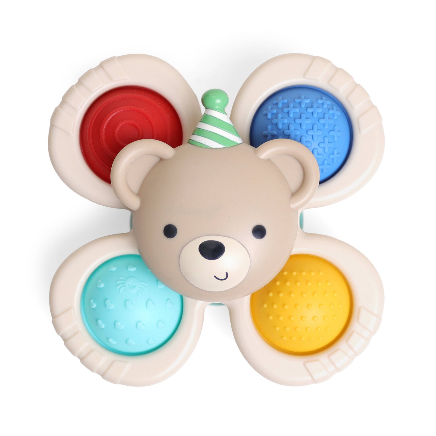 A baby teething toy shaped like a bear head with four flower-shaped petals around it, each containing a textured circular insert in red, blue, light blue, and yellow. The bear has a beige face with black eyes and nose, and wears a green and white striped party hat.