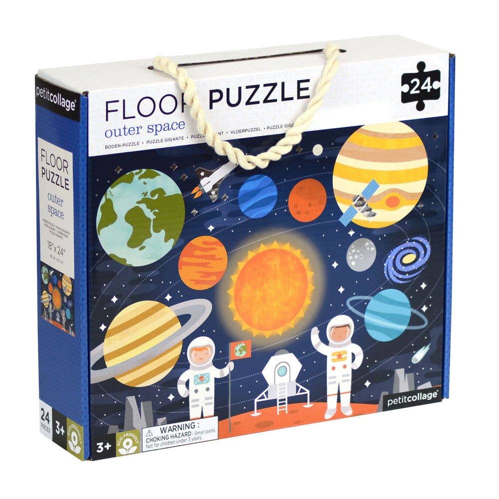 Floor puzzle packaging with space-themed design on a white background