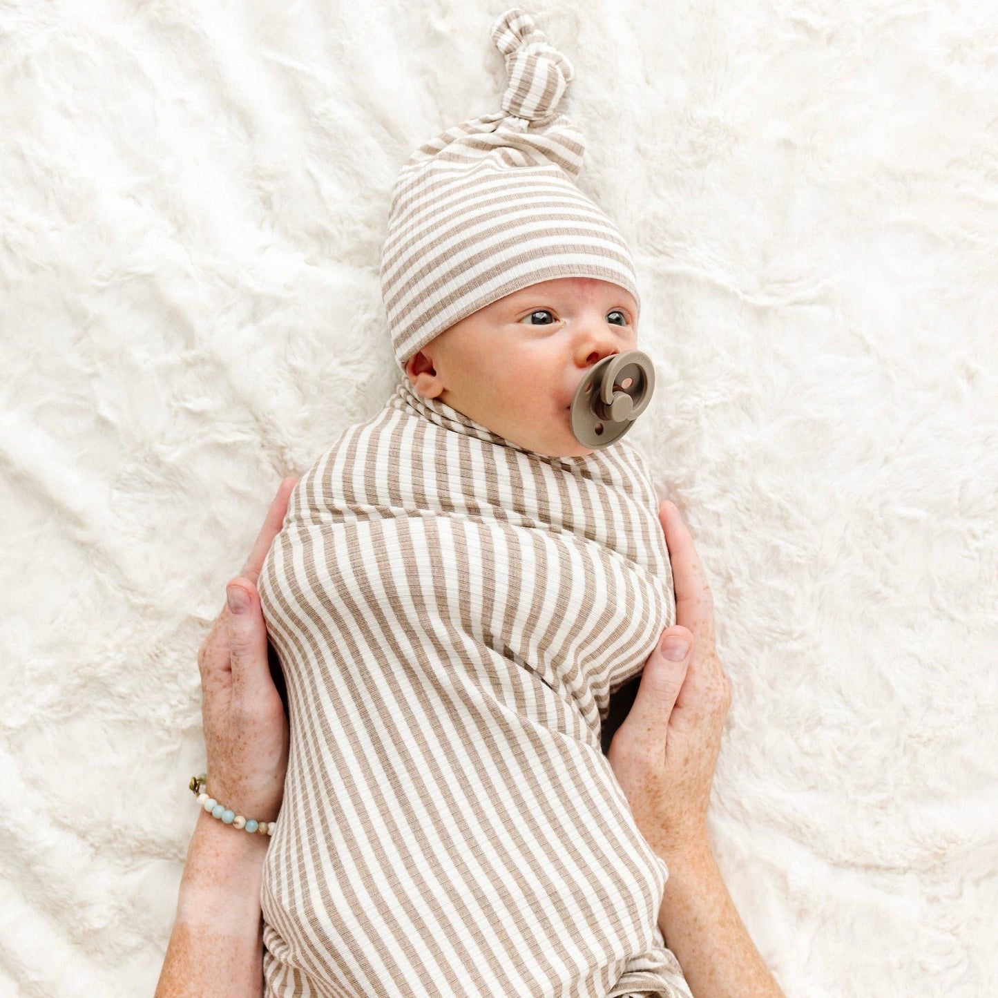 Stripe Ribbed Top Knot Hat