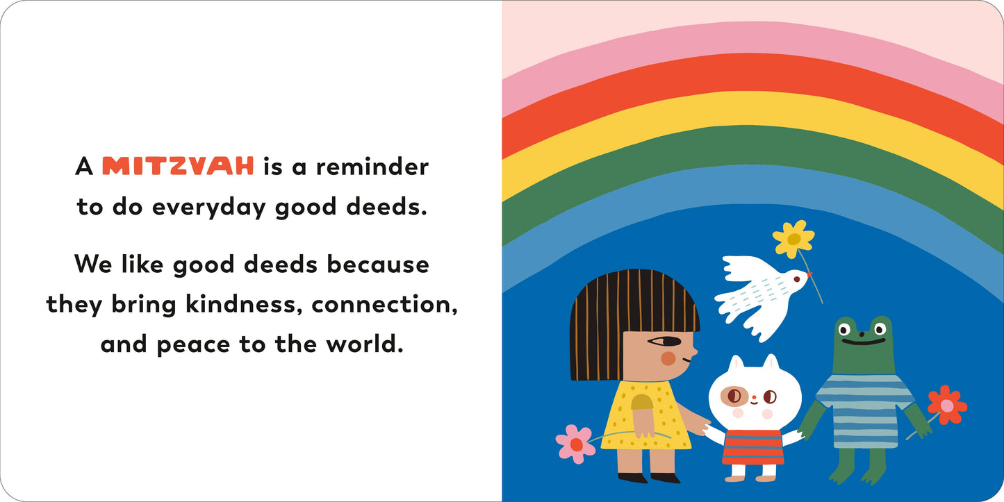 Children's book page with cartoon characters, rainbow, and text about Mitzvahs.