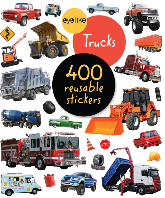 Collection of various trucks and construction vehicles with 'eyelike' branding and text about reusable stickers.