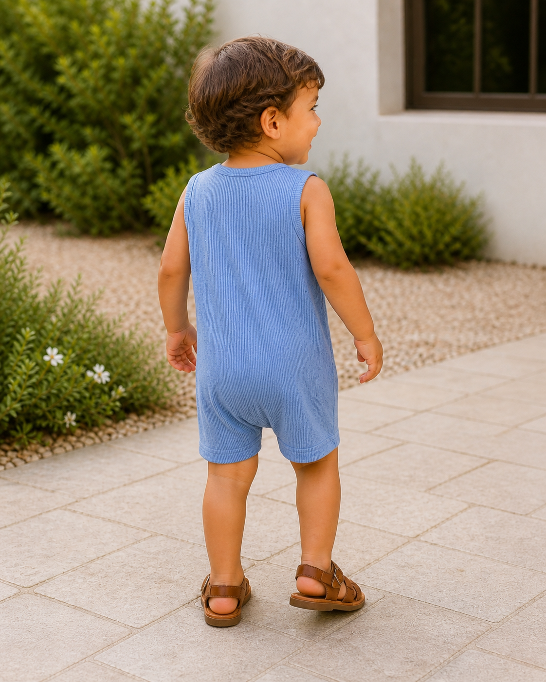Child wearing a blue romper standing on a patio with greenery in the background