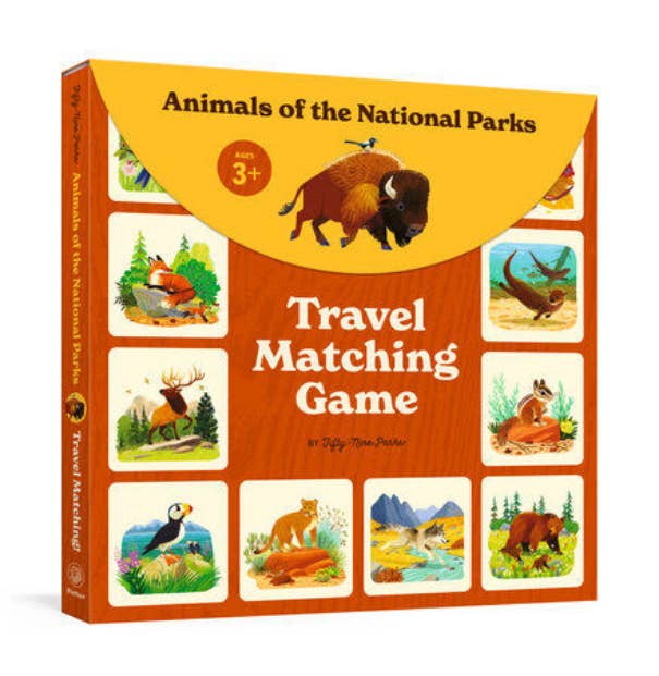 Travel matching game box with illustrations of animals and text 'Animals of the National Parks'.