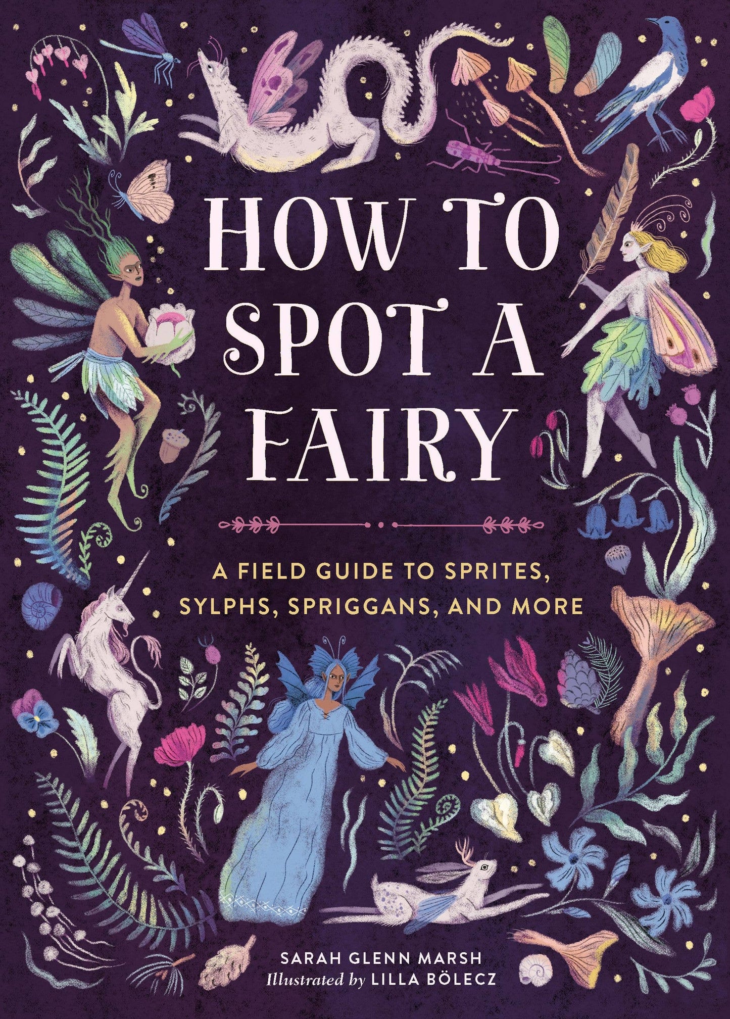 Book cover of 'How to Spot a Fairy' with illustrations of fairies and fantasy creatures on a dark background.