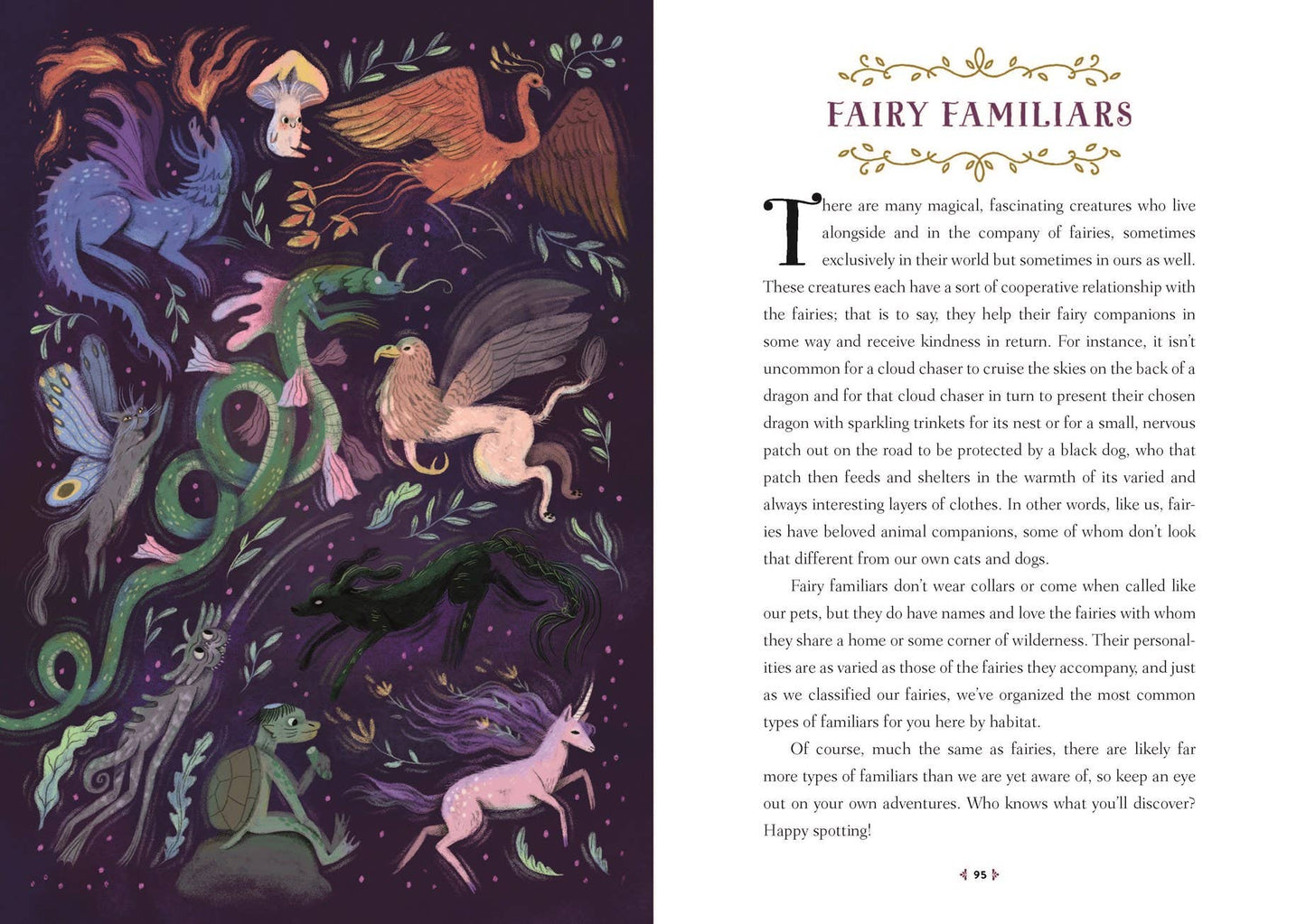 A book or magazine spread titled 'FAIRY FAMILIARS' with a large illustrated panel on the left showing a fairy-like figure with flowing red hair among green leaves, and a text column on the right beginning with 'T here are many magical, fascinating creatures who live.
