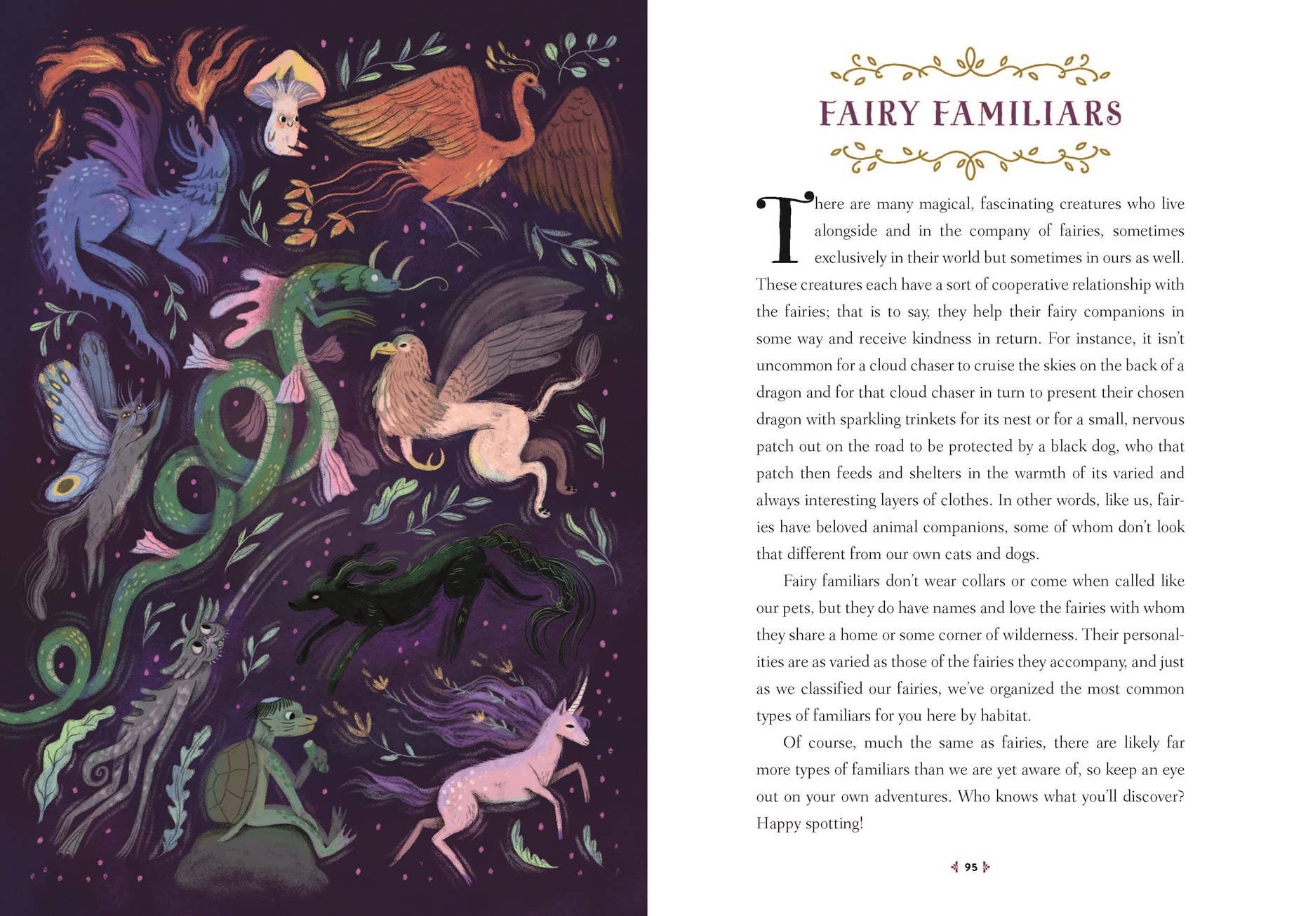 A book or magazine spread titled 'FAIRY FAMILIARS' with a large illustrated panel on the left showing a fairy-like figure with flowing red hair among green leaves, and a text column on the right beginning with 'T here are many magical, fascinating creatures who live.