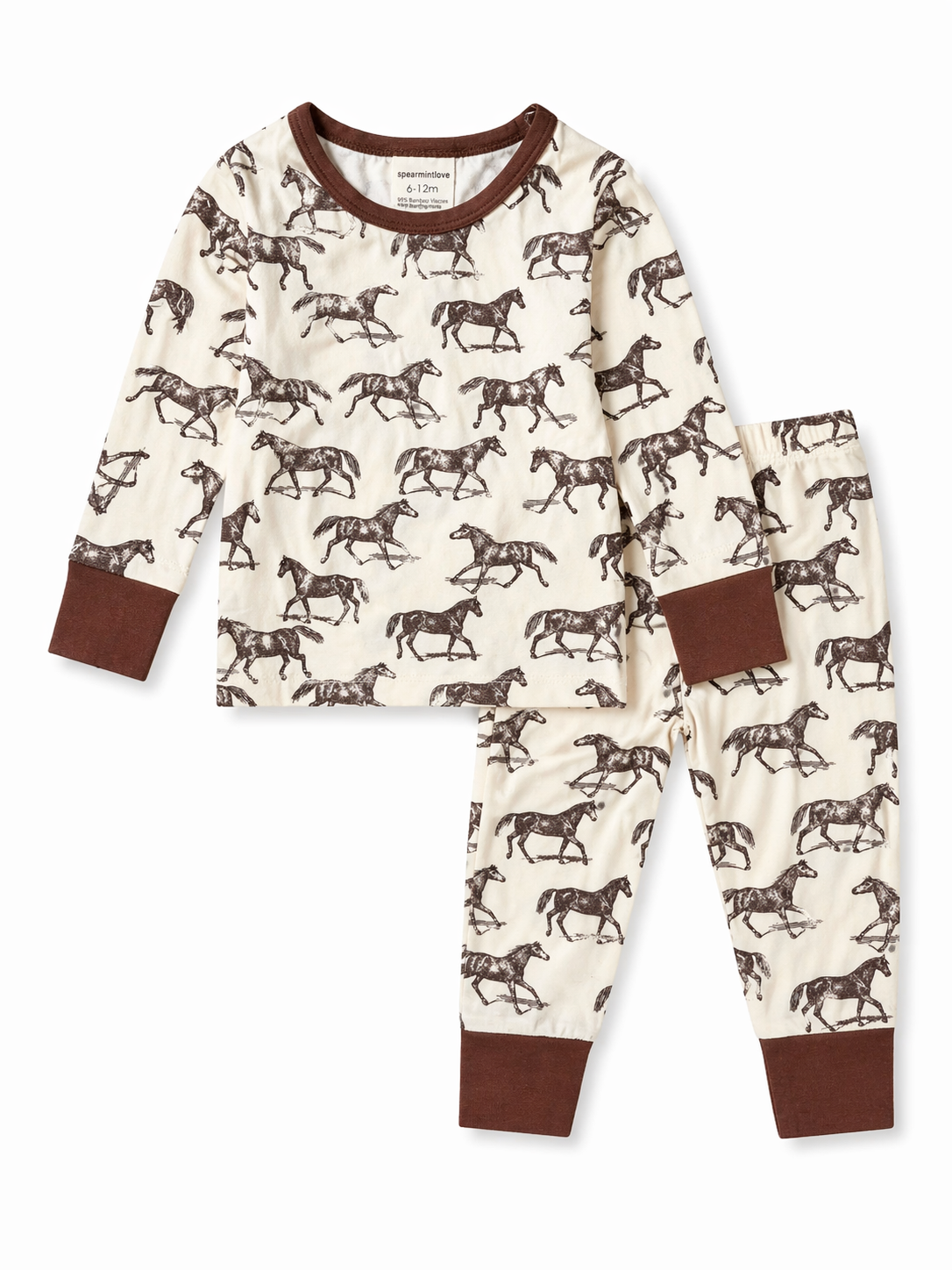 Children's pajama set with horse pattern on a white background