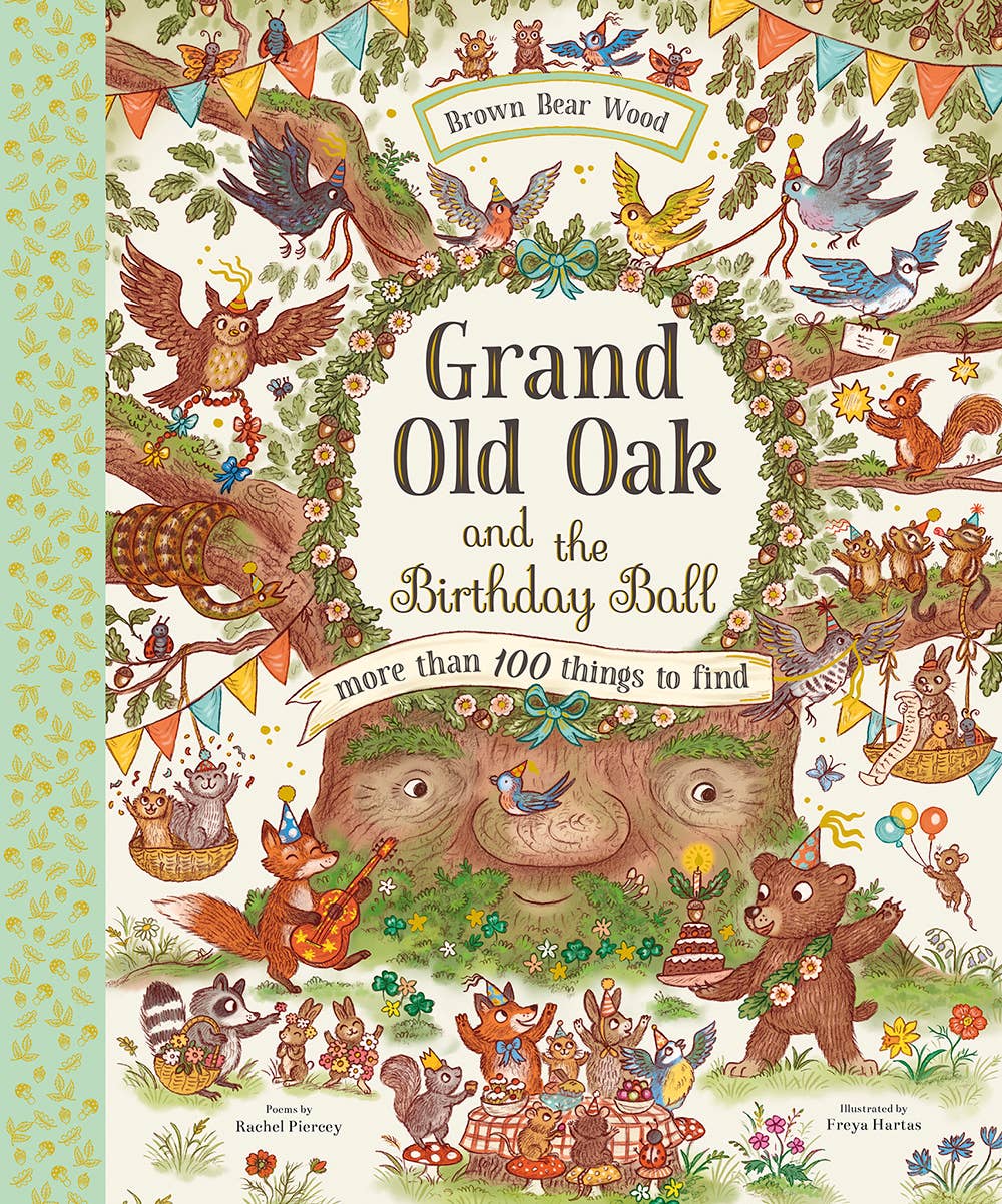Book cover of 'Grand Old Oak and the Birthday Ball' with illustrations of animals and nature.
