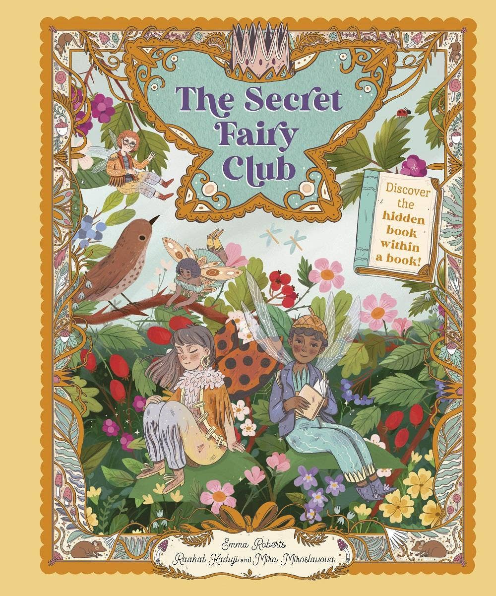 Cover of 'The Secret Fairy Club' with illustrations of fairies and a hidden book reveal mechanism.