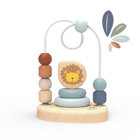 Wooden toy with colorful beads and a lion design on a white background