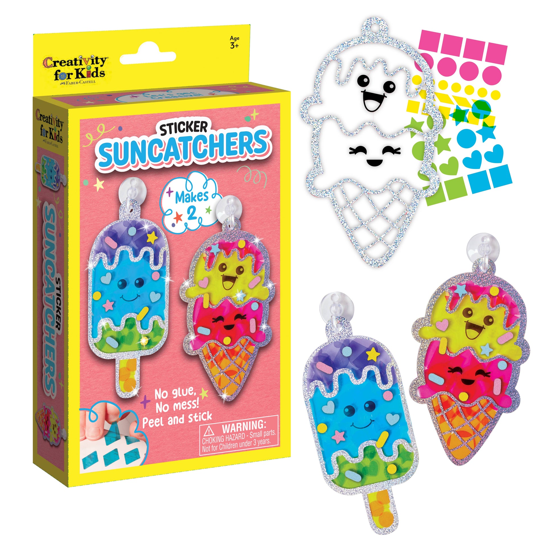 Suncatcher kit with colorful ice cream shapes, packaging, and stickers.