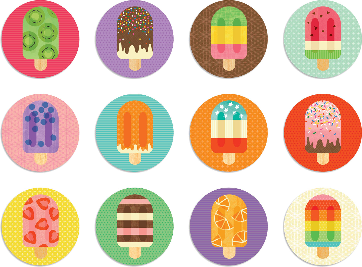 Illustrations of colorful popsicles on circular backgrounds
