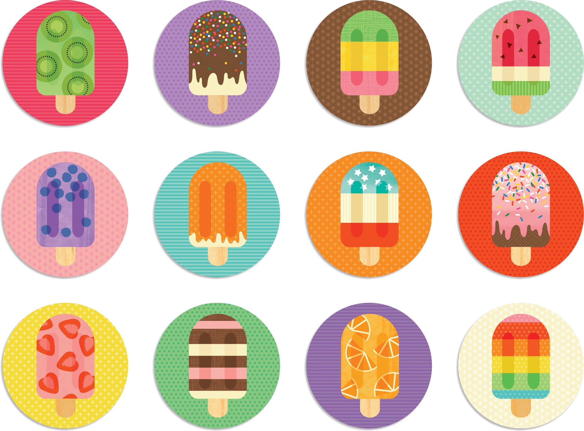 Illustrations of colorful popsicles on circular backgrounds