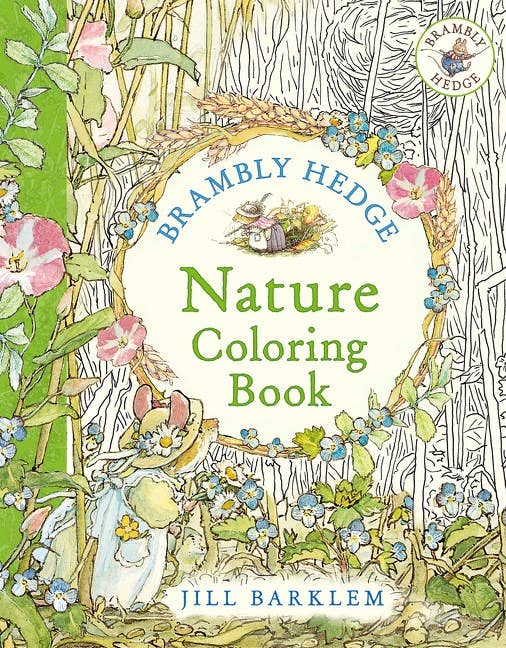 Cover of 'Brambly Hedge Nature Coloring Book' by Jill Barklem with colorful illustrations and text.