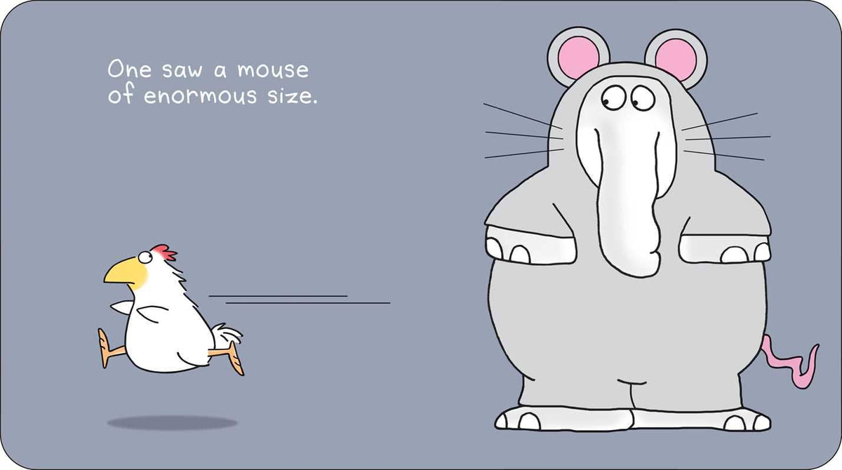 A chicken on a gray background is running away from a large elephant.