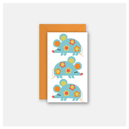 A white greeting card featuring three colorful cartoon mice in light blue with yellow, orange, and red floral patterns, shown with an orange envelope on a light gray background.