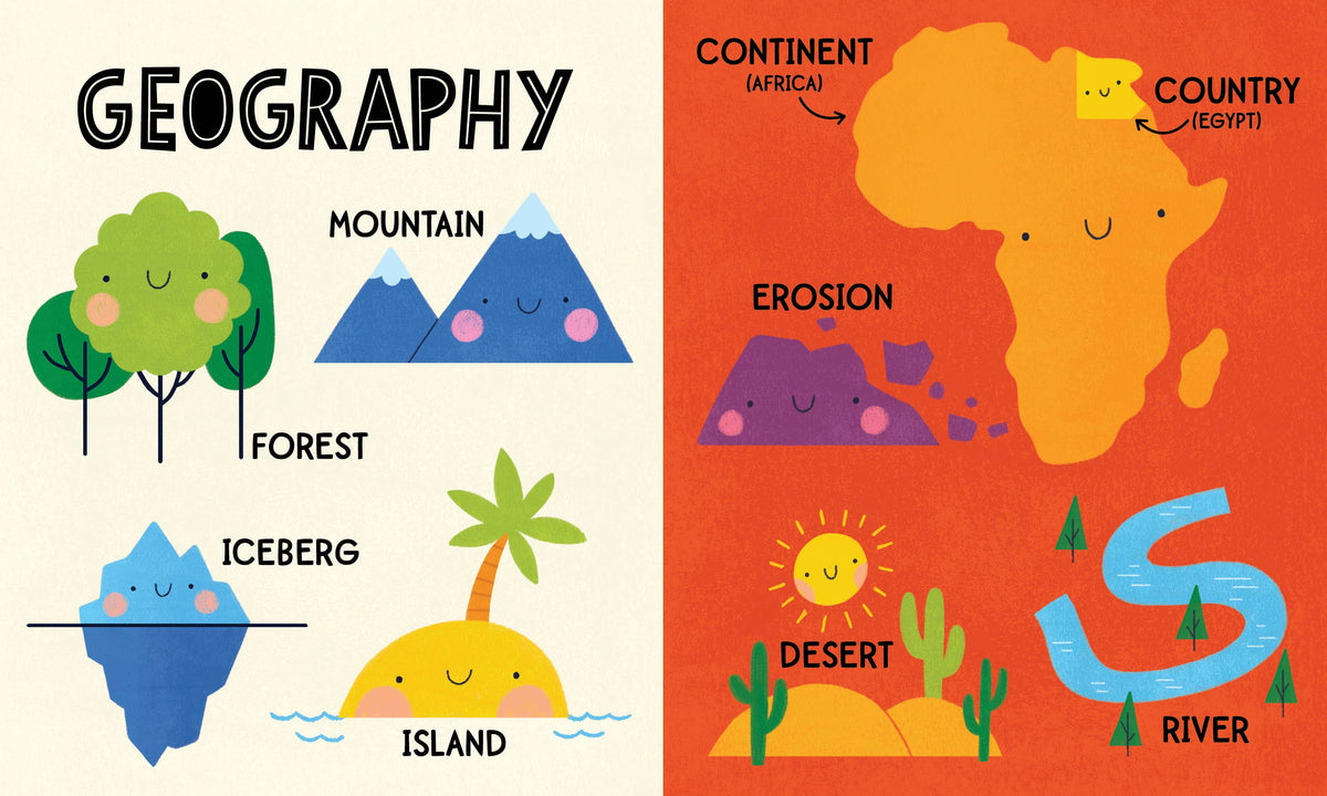 Educational illustration of geography concepts with cartoon elements on a white background.
