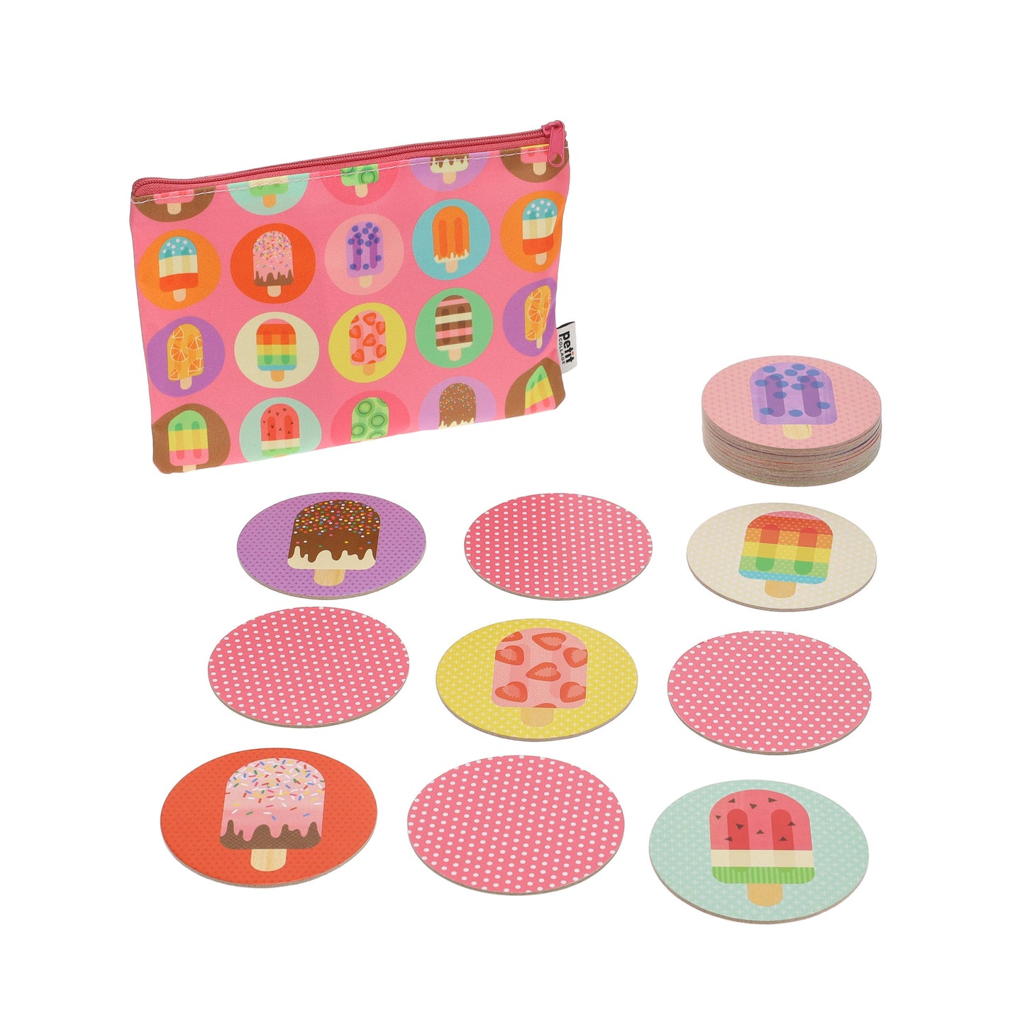 Pink pouch with ice cream pattern and matching coasters on a white background
