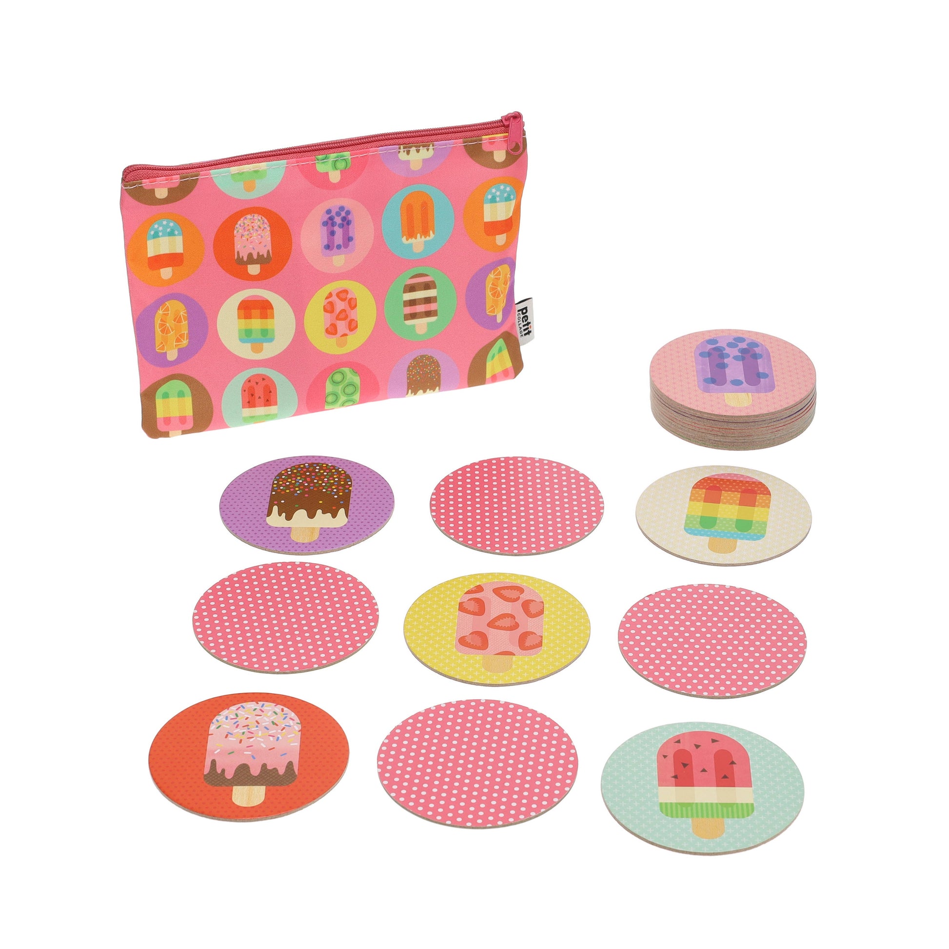 Pink pouch with ice cream pattern and matching coasters on a white background