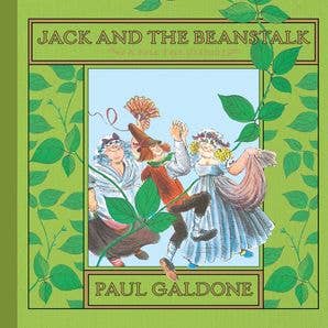 Book cover of 'Jack and the Beanstalk' by Paul Galdone with characters dancing under a beanstalk.