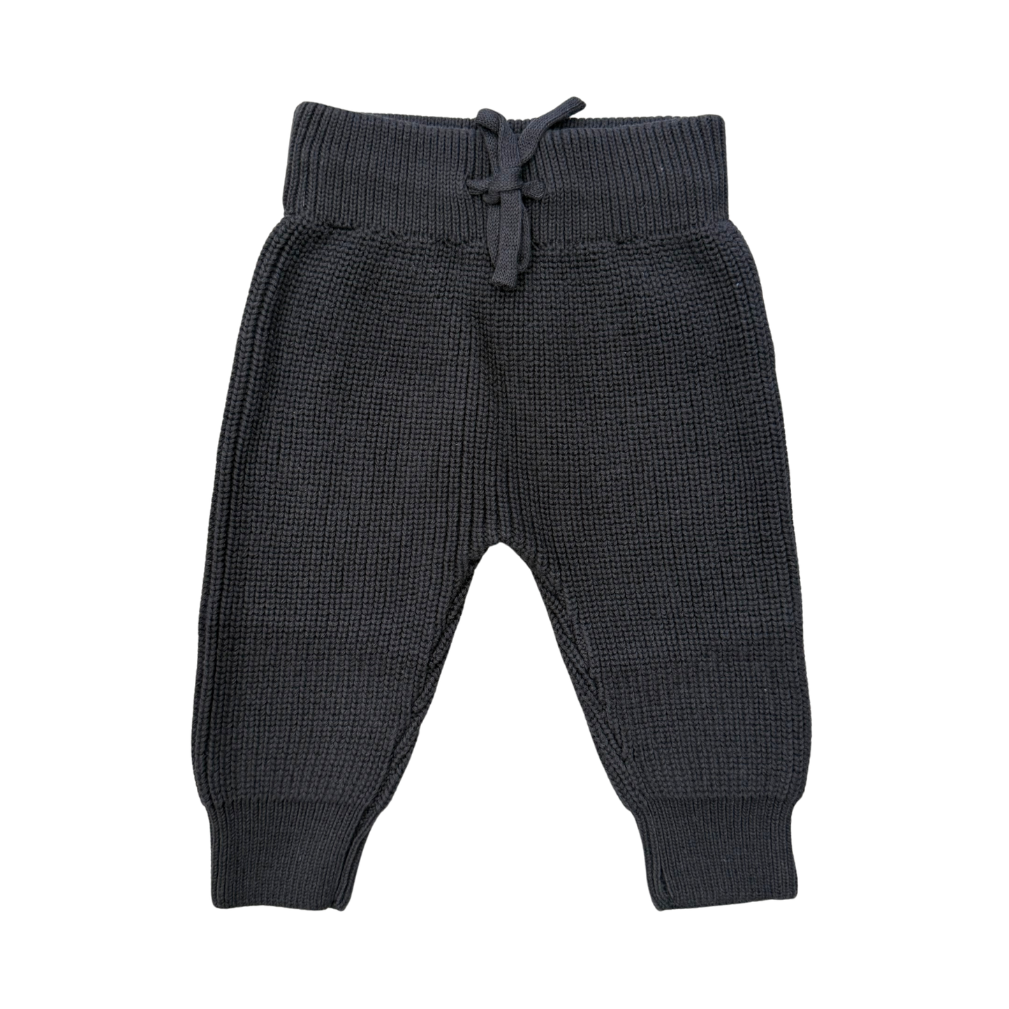Dark gray baby pants with a drawstring on a white background