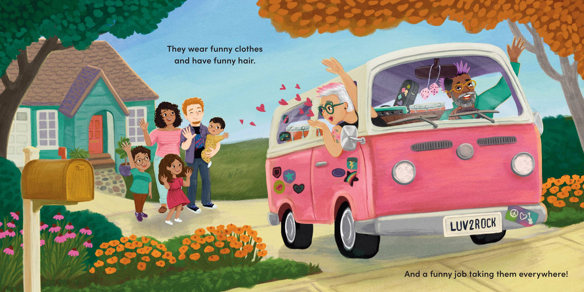 Illustration of a pink van with people in a suburban neighborhood