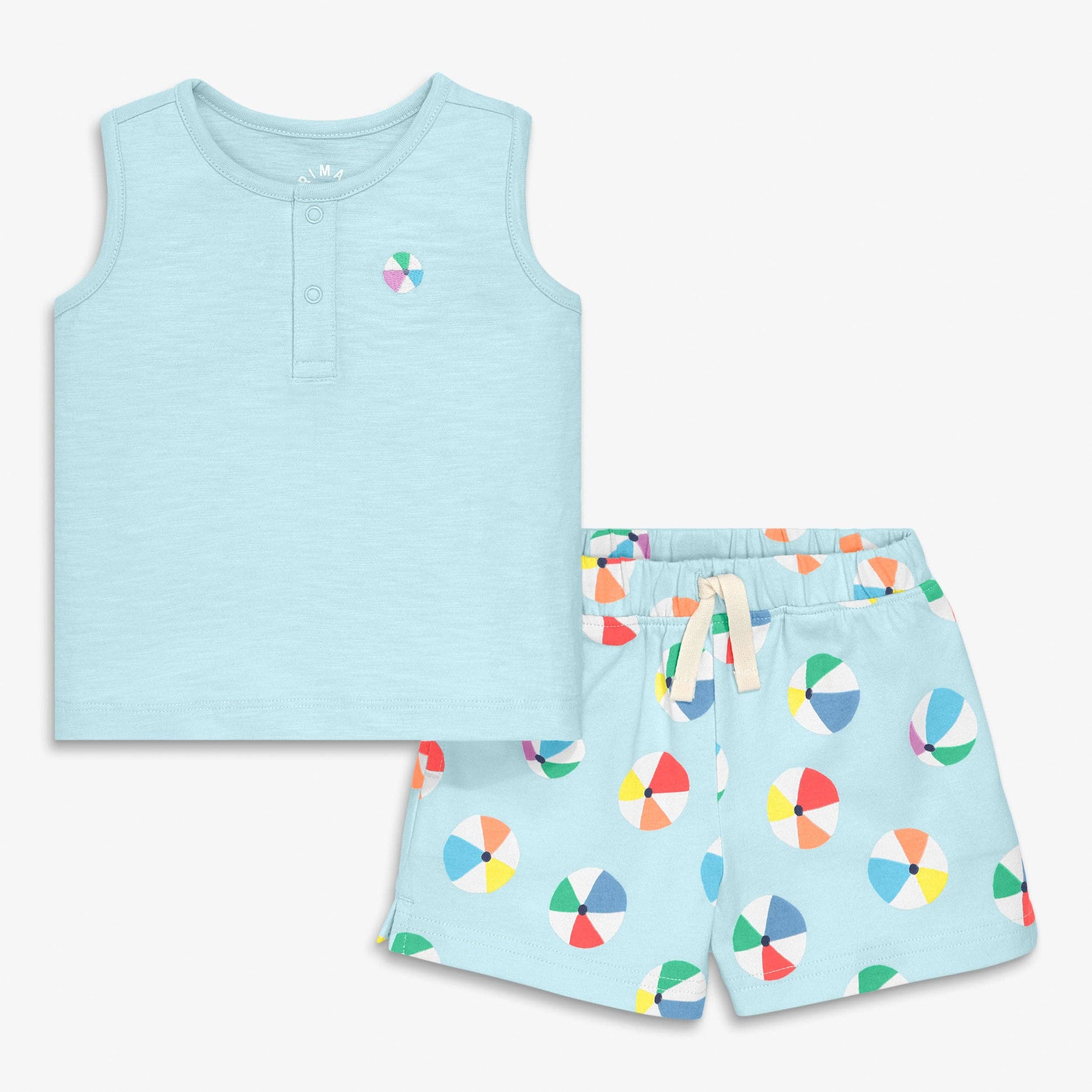 Children's sleeveless top and shorts set with colorful umbrella pattern on a light blue background