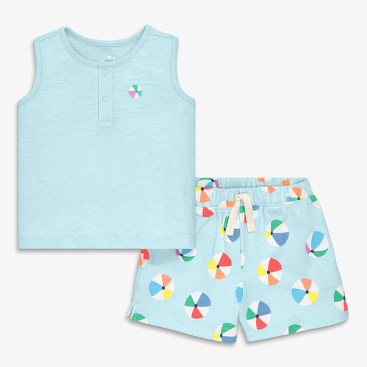 Children's sleeveless top and shorts set with colorful umbrella pattern on a light blue background