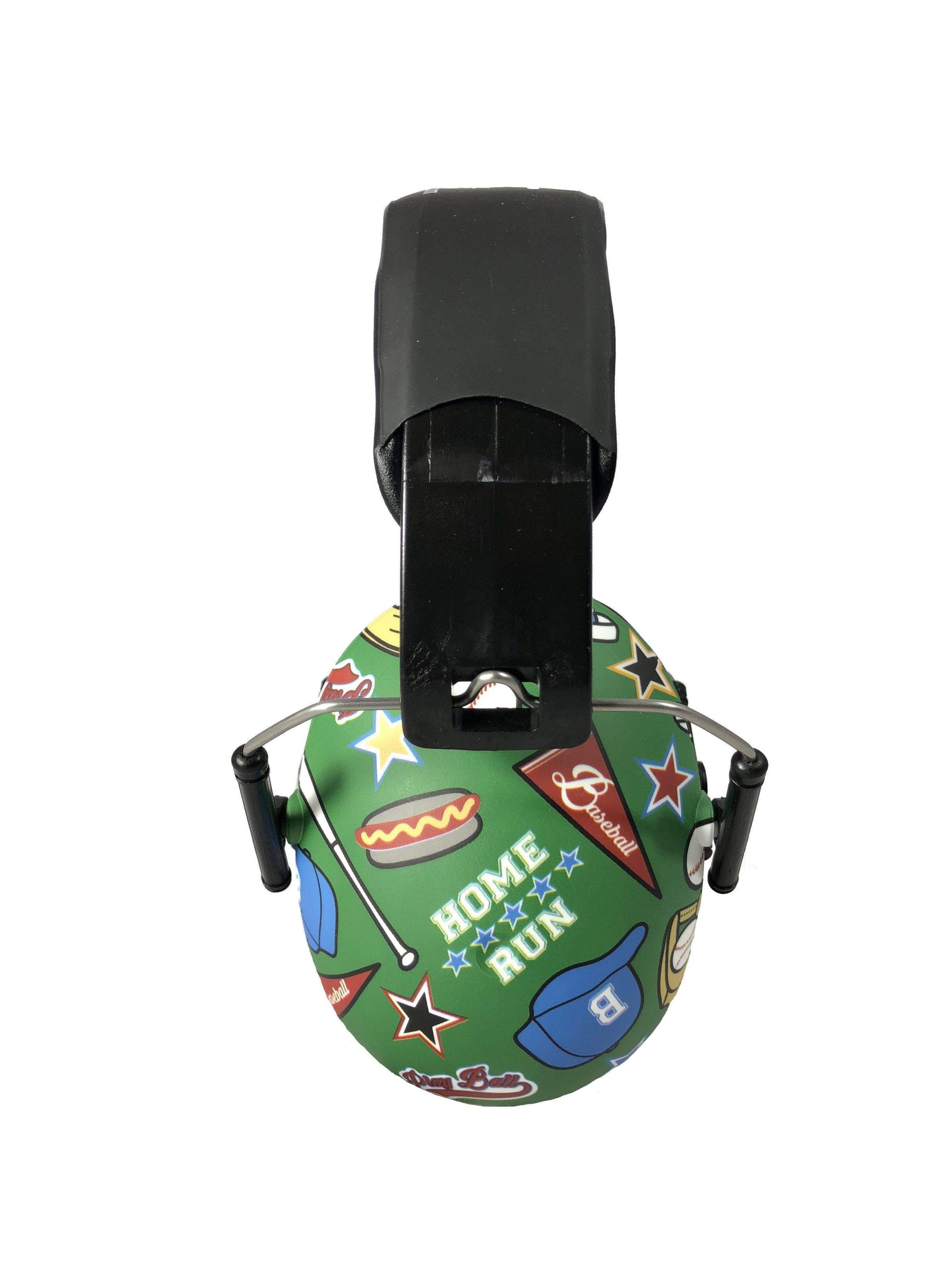 Children's ear protection with sports-themed design on a white background