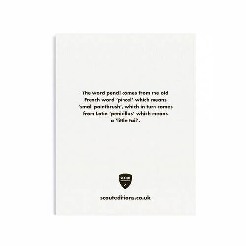 backside of the pencil greeting card on. white background with a fact about pencils and the meaning of the word in French.