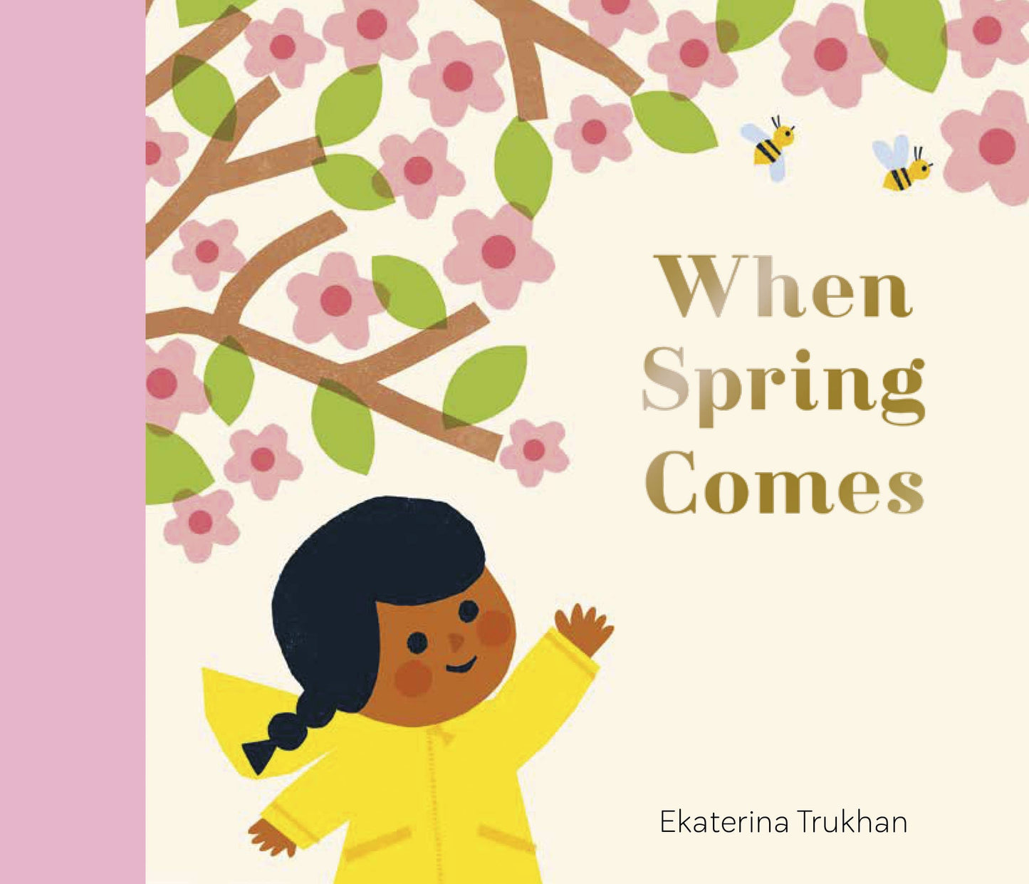 Book cover of 'When Spring Comes' with a child in a yellow raincoat and cherry blossom tree.