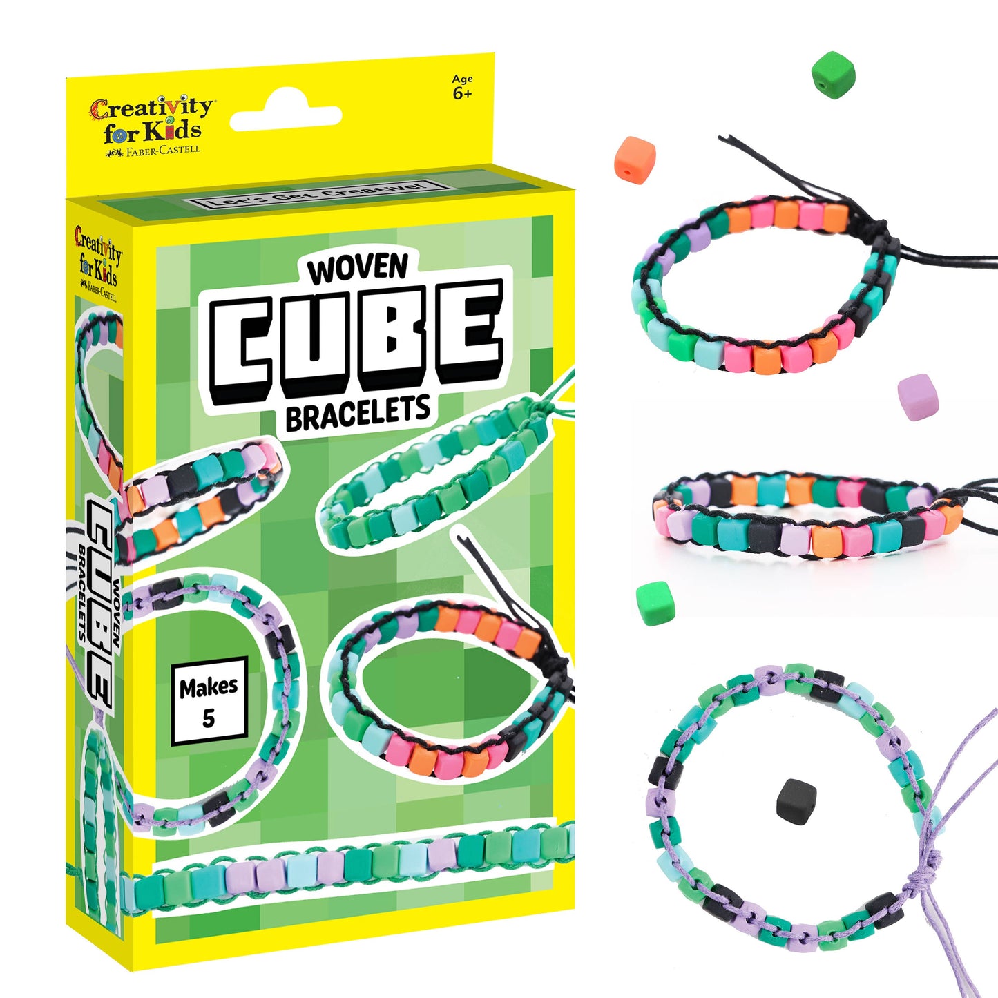 Woven Cube Bracelets kit with packaging and completed bracelets on a white background