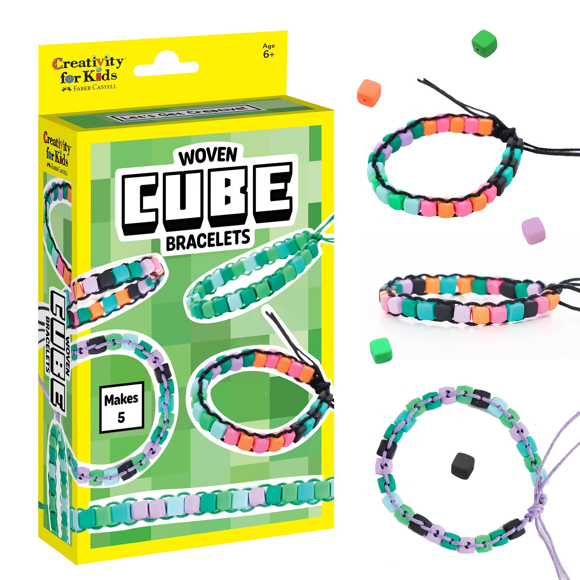 Woven Cube Bracelets kit with packaging and completed bracelets on a white background