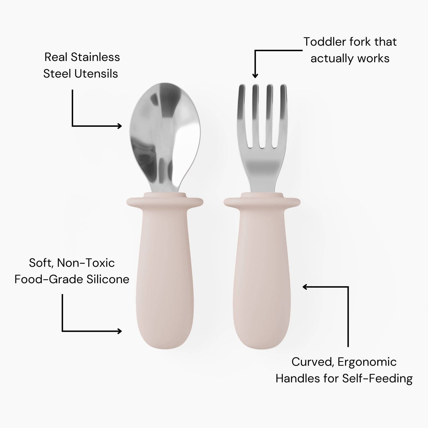 Set of toddler fork and spoon with text labels on a white background