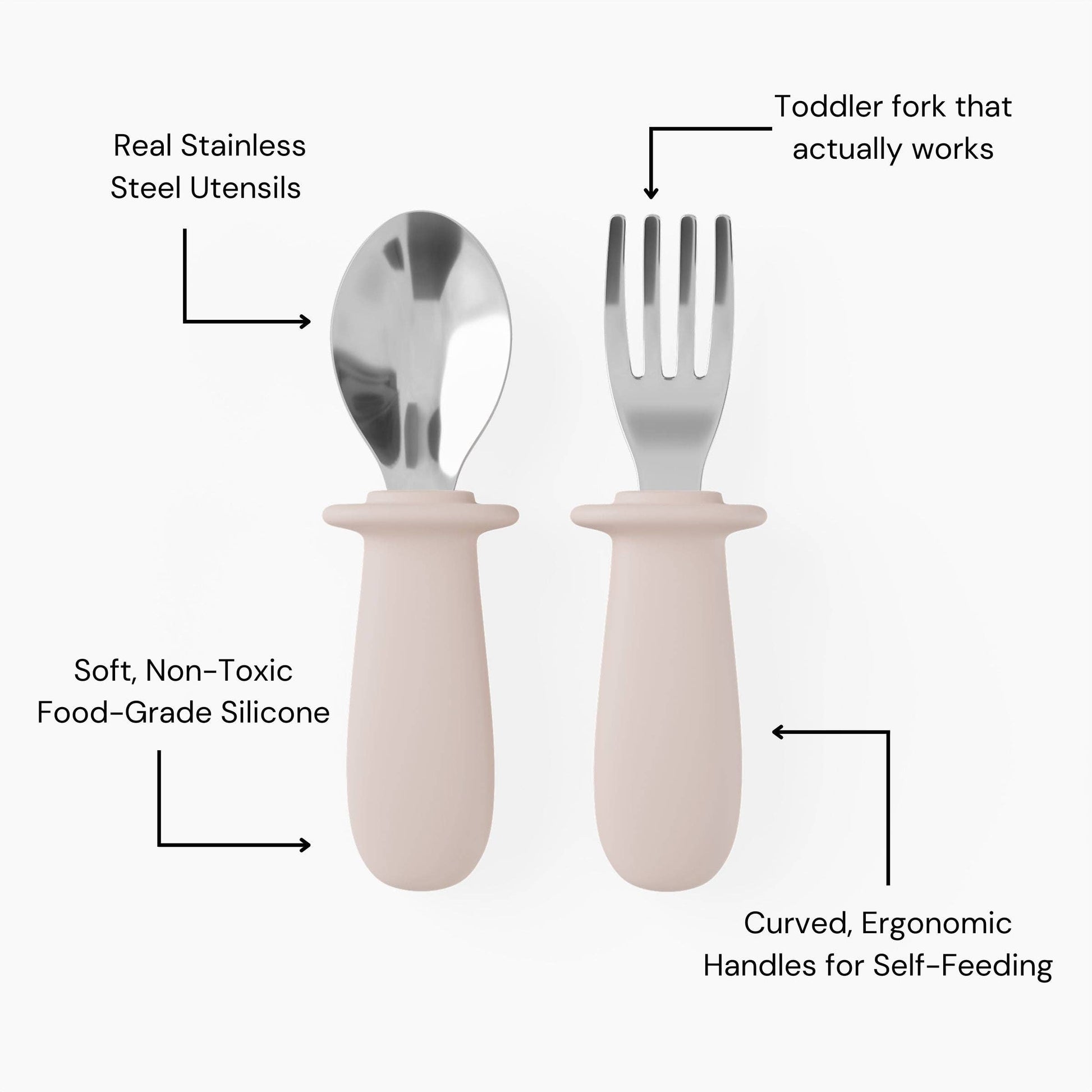 Set of toddler fork and spoon with text labels on a white background