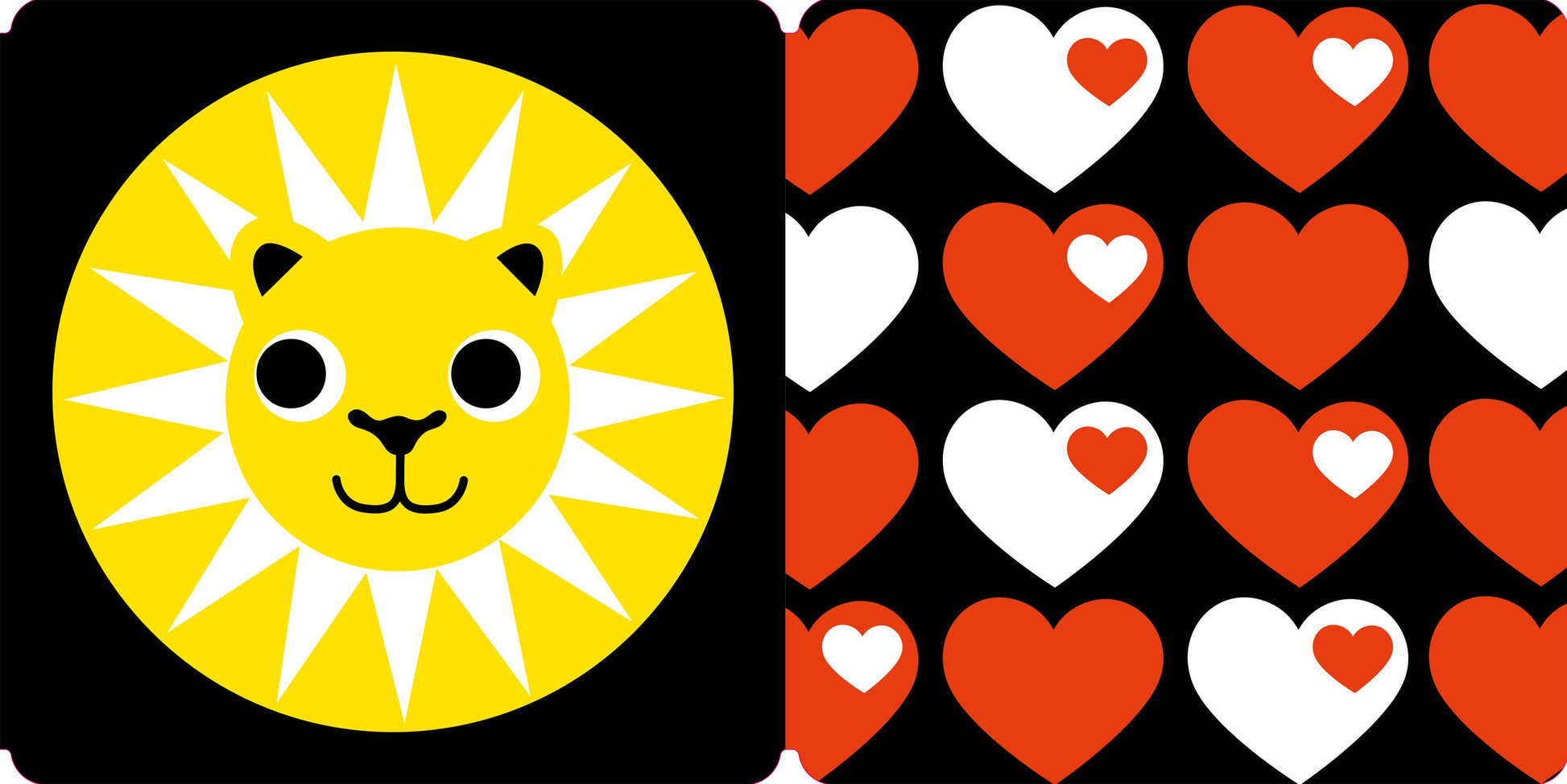 Sun with a face on a yellow circle surrounded by hearts on a black background