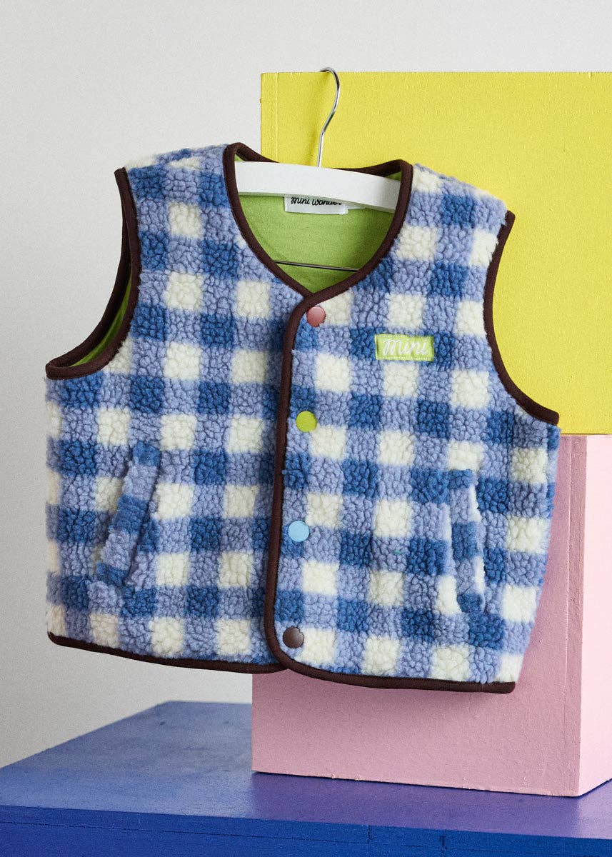 A blue and white checkered fleece vest with brown trim, hanging on a white hanger against a colorful background of yellow, pink, and blue blocks.