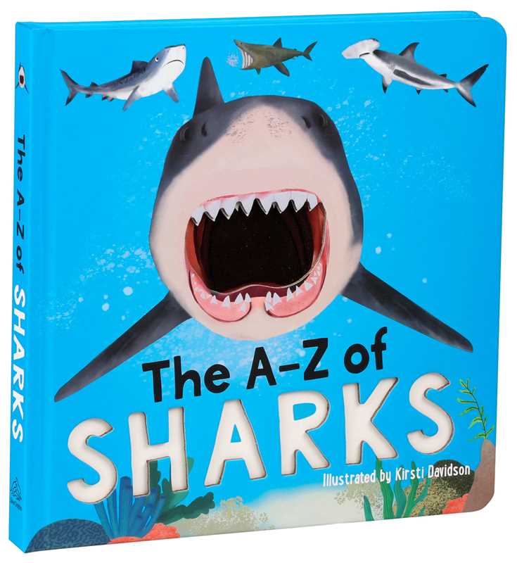 Book titled 'The A-Z of Sharks' with shark illustrations on a blue background