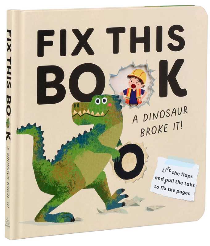 Children's book titled 'Fix This Book' with a dinosaur illustration on the cover.