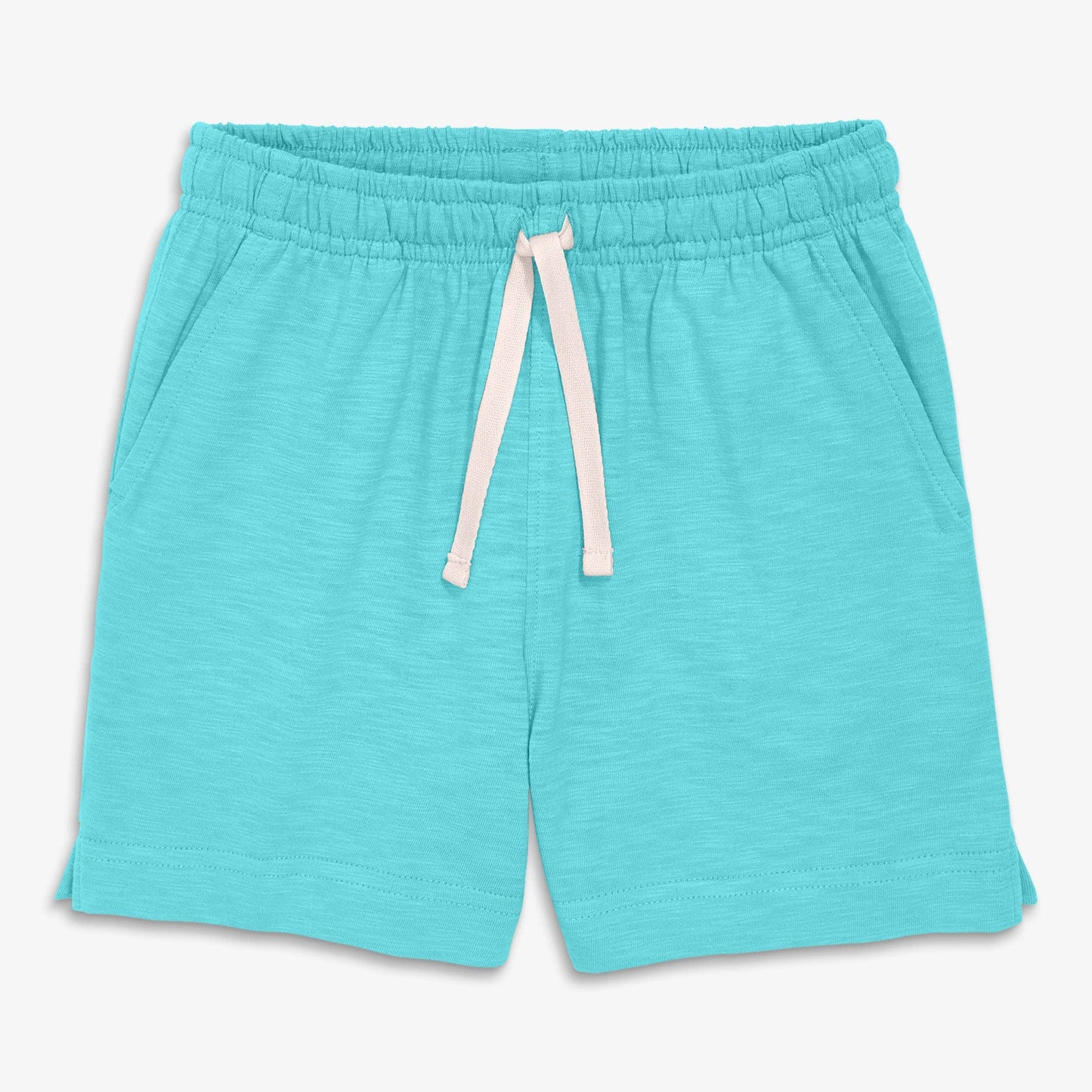 Turquoise shorts with a drawstring on a white background