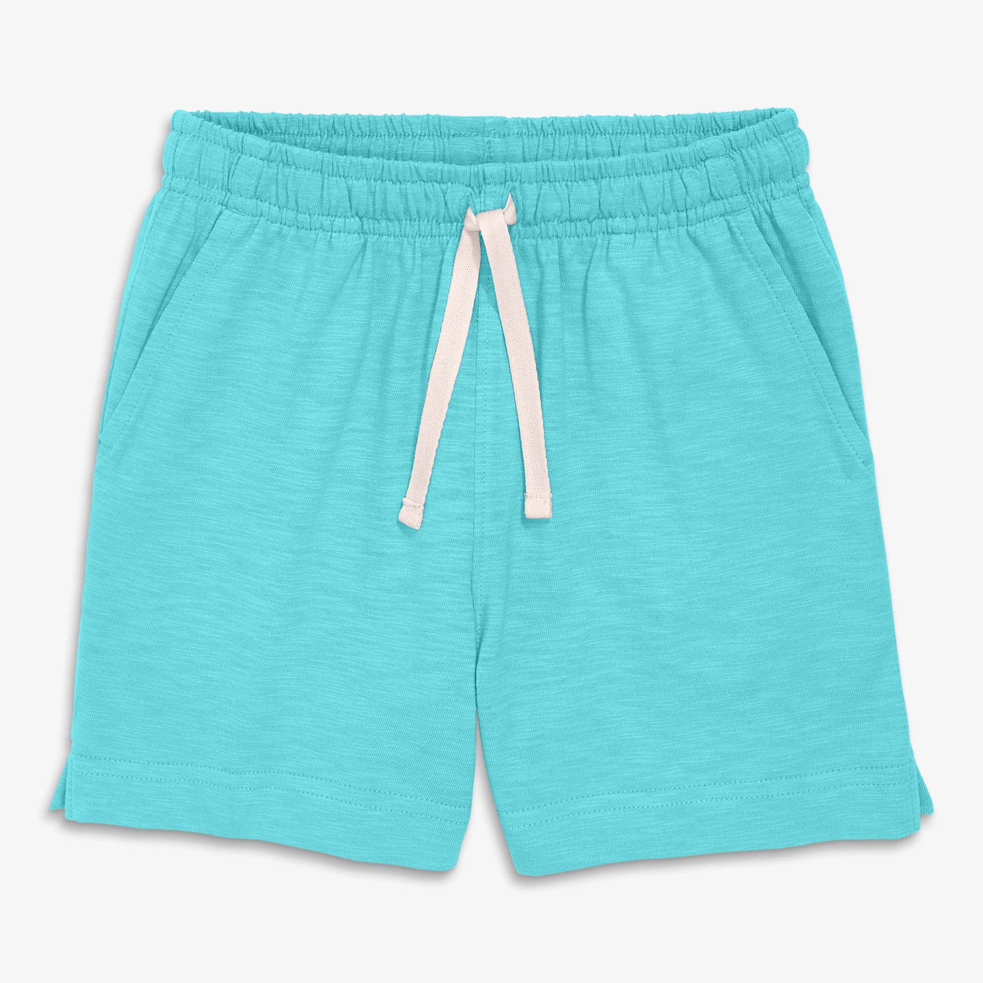 Turquoise shorts with a drawstring on a white background