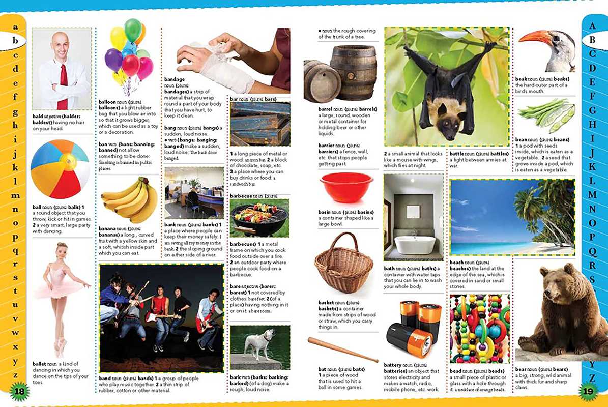 A colorful educational alphabet learning chart featuring the letter 'B' with various pictures, definitions, and example sentences for words starting with 'B'. The chart includes illustrations and photos of balloons, a hand holding a string, barrels, a bird, bananas, a bowl, a basket, a beach scene, a ballerina, a band, a chair, a suitcase, and a bear.