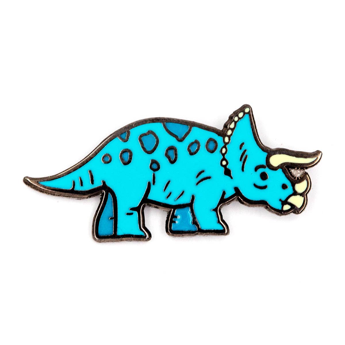 Blue triceratops dinosaur pin on a white background
