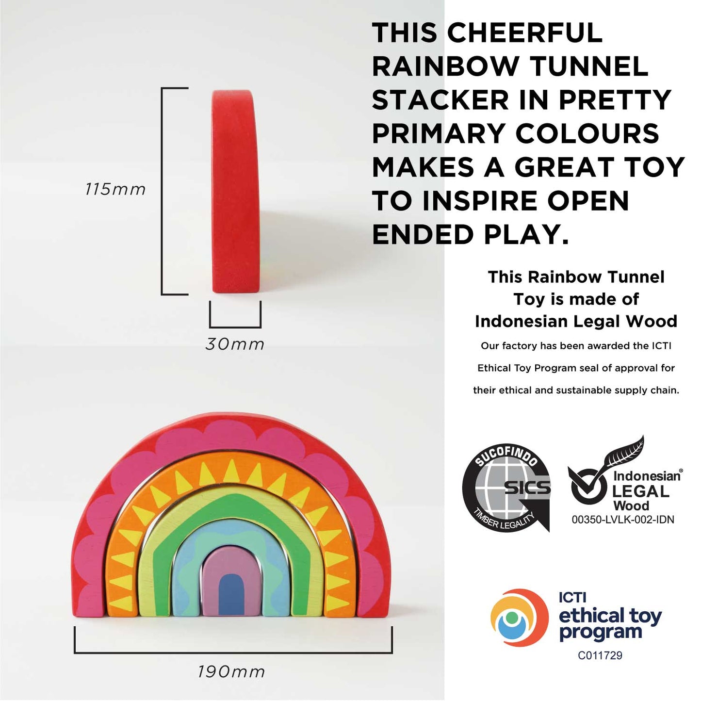 Rainbow tunnel stacker toy with dimensions and certification logos on a white background